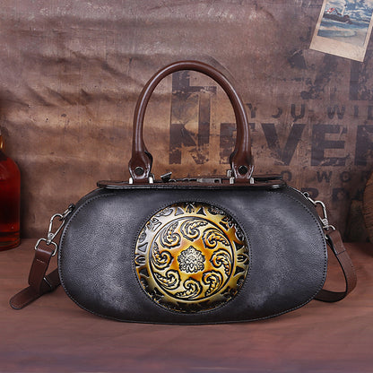 Vintage Genuine Leather Women's Crossbody Bag with Embossed Tree Design and Hand - Brushed Finish