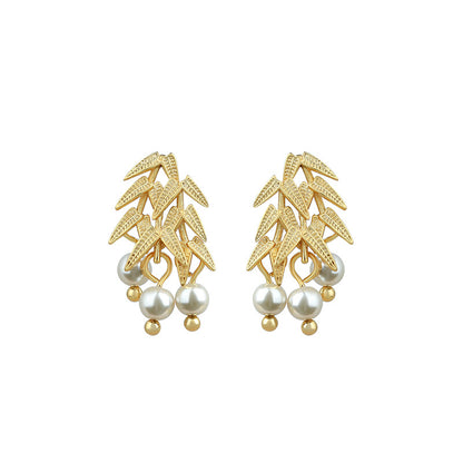 Golden Bamboo Imitation Pearl 925 Silver Pin Vintage Earrings for Women