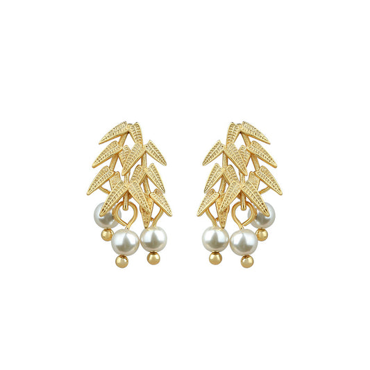 Golden Bamboo Imitation Pearl 925 Silver Pin Vintage Earrings for Women