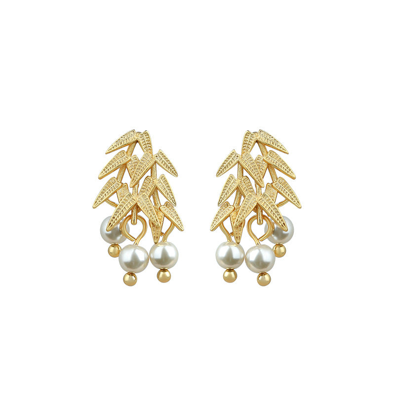 Golden Bamboo Imitation Pearl 925 Silver Pin Vintage Earrings for Women
