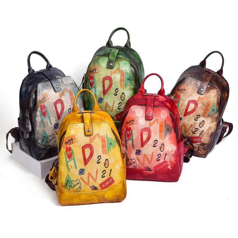Retro Cowhide Women's Large Capacity Backpack, Graffiti Fashion All-match