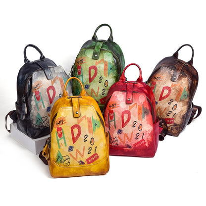 Retro Cowhide Women's Large Capacity Backpack, Graffiti Fashion All-match