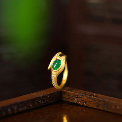 Gold Plated Green Eye Snake Ring with Triangle Snake Head