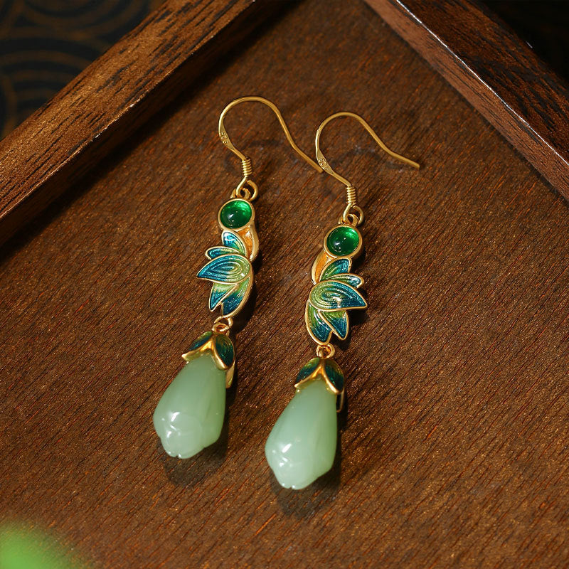 Mirror Enamel Glaze Imitation Jade Magnolia Earrings, Vintage Style