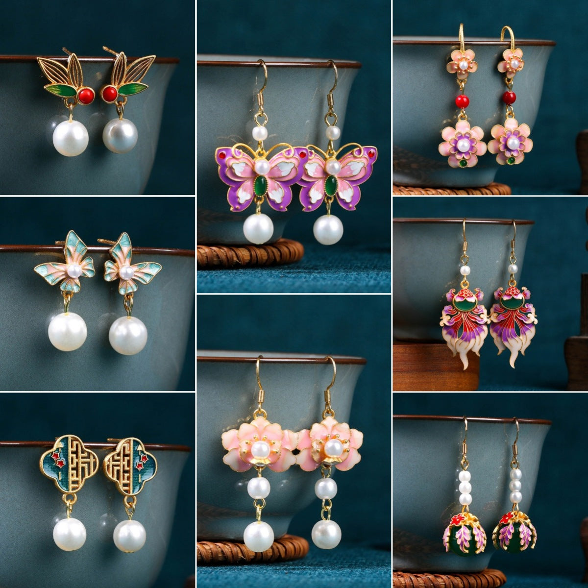 Enamel Gradient Butterfly 925 Silver Needle Pearl Earrings, Ancient Style Design