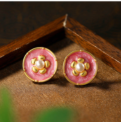 Vintage Silver Needle Camellia Imitation Pearl Ear Studs for Women