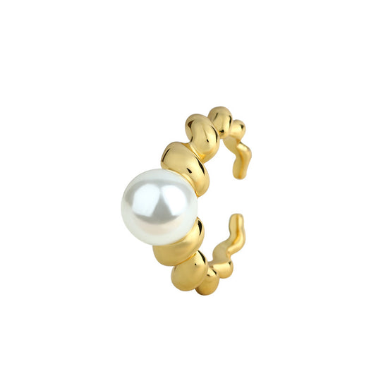 Hong Kong Style Twist Gradient 18k Gold Plated Women's Freshwater Pearl Index Finger Ring