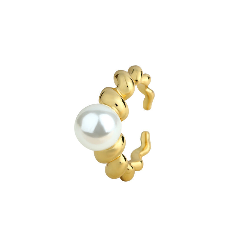Hong Kong Style Twist Gradient 18k Gold Plated Women's Freshwater Pearl Index Finger Ring