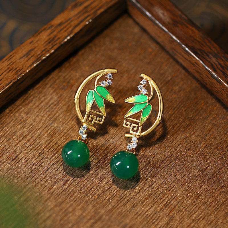 Green Bamboo Leaf Chalcedony Earrings - Niche Design, All-match