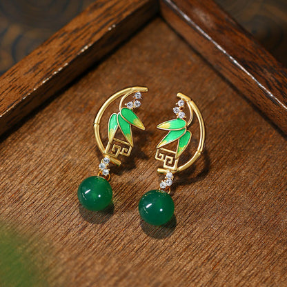 Green Bamboo Leaf Chalcedony Earrings - Niche Design, All-match
