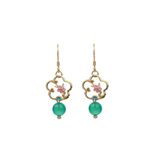Green Chalcedony Stud Earrings, Small Fresh Flower Design