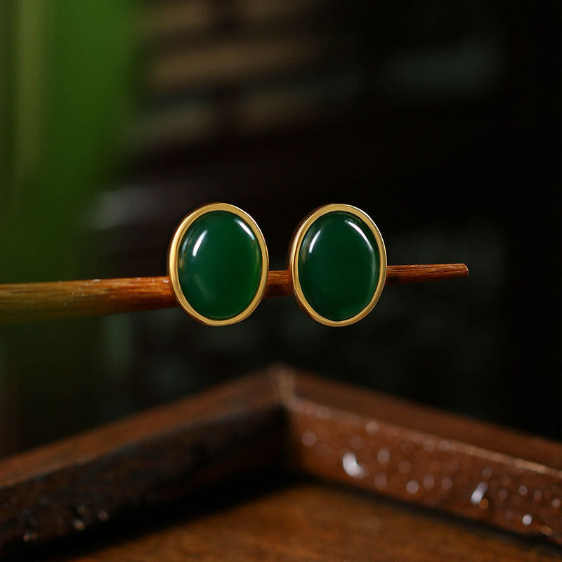 Ayr Rim 925 Silver Imitation Green Agate Needle Earrings, Japanese-Korean Style