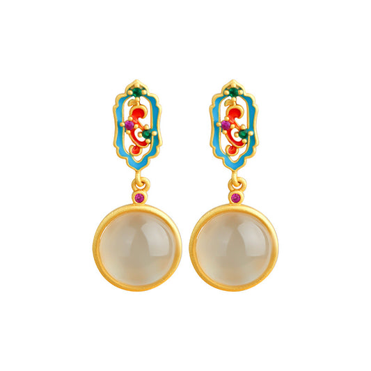 Enamel Glaze Inlaid Natural Chalcedony Round 925 Silver Needle Earrings