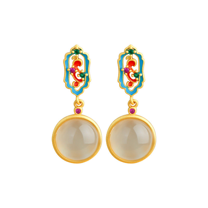 Enamel Glaze Inlaid Natural Chalcedony Round 925 Silver Needle Earrings