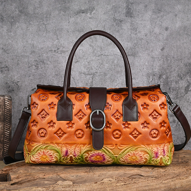 Vegetable Tanned Leather Embossed Handmade Multipurpose Handbag