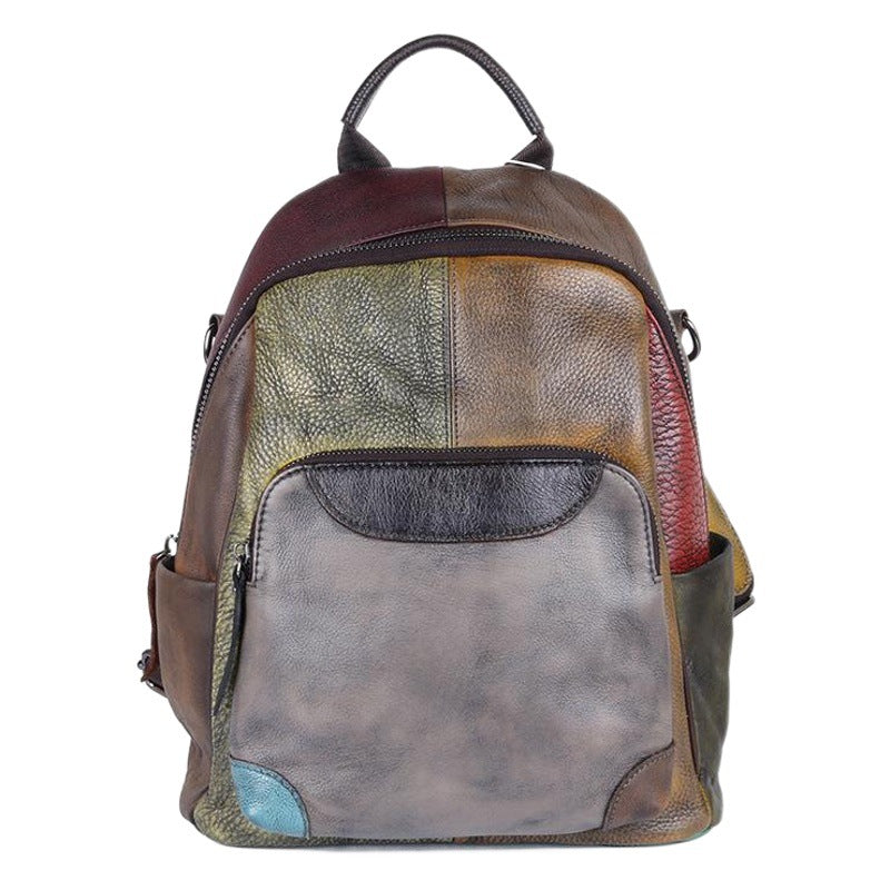 Vintage Style Handmade Color Blocking Cowhide Shoulder Bag, Retro Crossbody Double Strap Ladies Purse