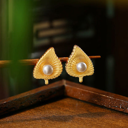 French Vintage Leaf Pearl Earrings, Simple and All-match