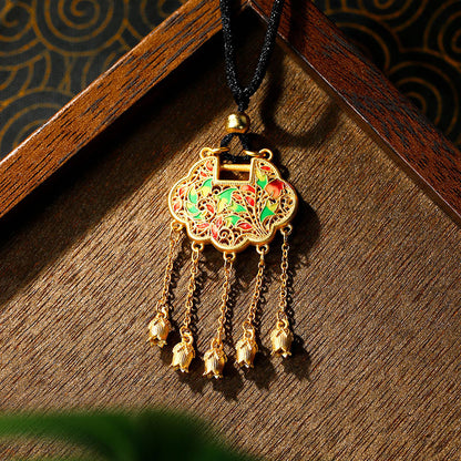 5D Hard Gold Lotus & Ping An Lock Tassel Pendant Necklace for Women