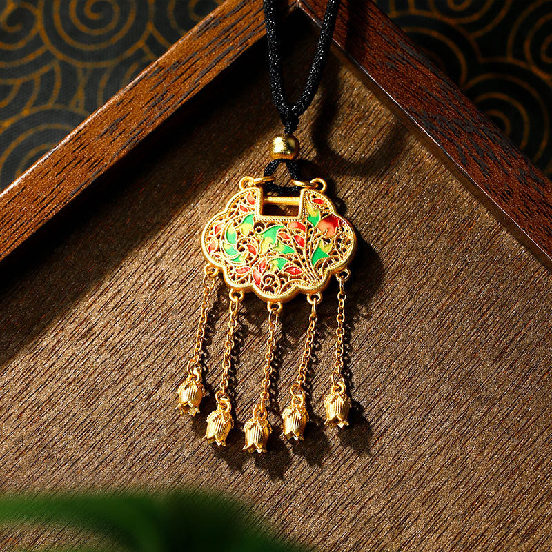 5D Hard Gold Lotus & Ping An Lock Tassel Pendant Necklace for Women