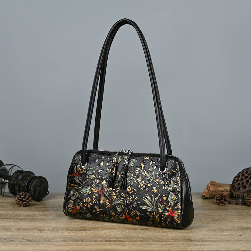 Retro Genuine Leather Underarm Baotou Cowhide Handmade Color-polished Handbag with Embossed Floral Design