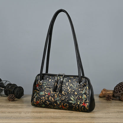 Retro Genuine Leather Underarm Baotou Cowhide Handmade Color-polished Handbag with Embossed Floral Design