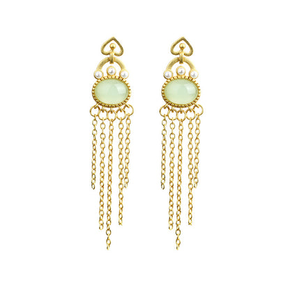 El edge gold-plated imitation Hetian jade long tassel earrings for women