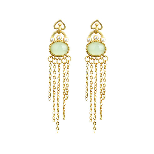 El edge gold-plated imitation Hetian jade long tassel earrings for women