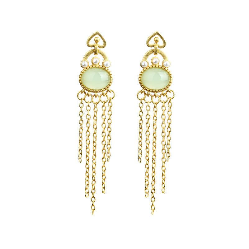 El edge gold-plated imitation Hetian jade long tassel earrings for women