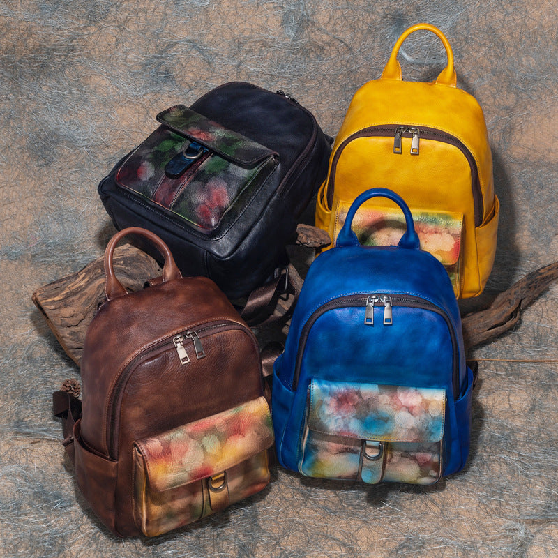 First Layer Cowhide Vegetable Tanned Leather Backpack for Women - Multi-Purpose, Retro Brushed Design