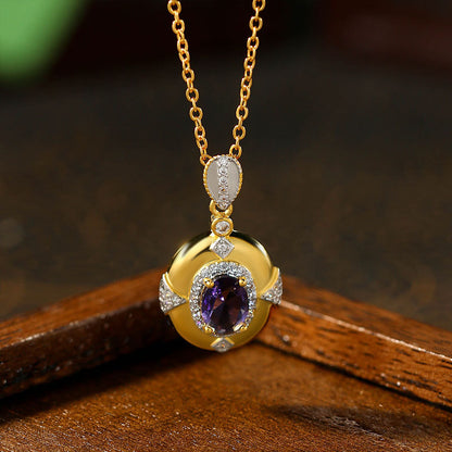 Italian Textured Carved Gold Fantasy Violet Gem 18K Gold Plated Clavicle Necklace