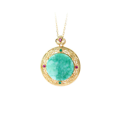 Gold-plated Inlaid Dry Green Imitation Jade Pendant Necklace