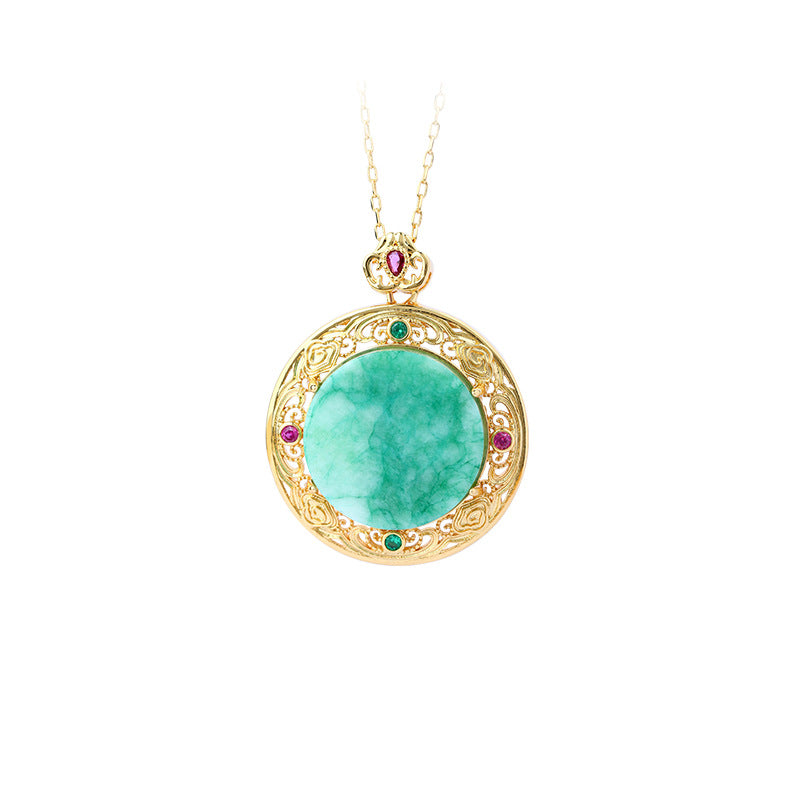 Gold-plated Inlaid Dry Green Imitation Jade Pendant Necklace