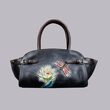 Retro Genuine Leather Women's Crossbody Bag with Embossed Butterfly Love Flower Tree Design