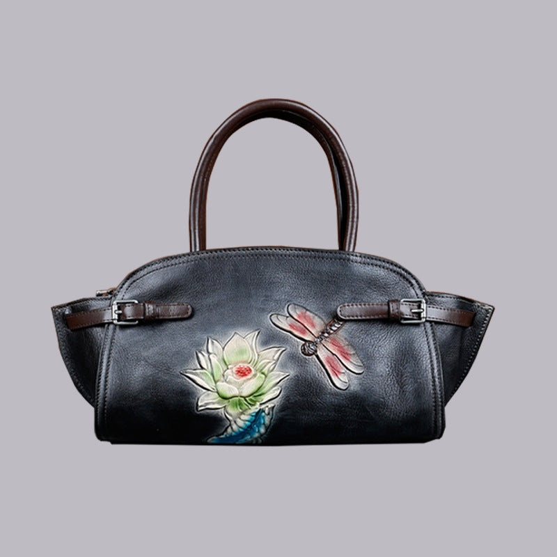 Retro Genuine Leather Women's Crossbody Bag with Embossed Butterfly Love Flower Tree Design
