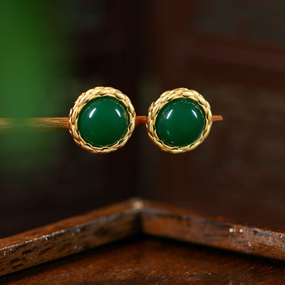 Vintage Emerald 925 Silver Button Pin Earrings with Diamond Style