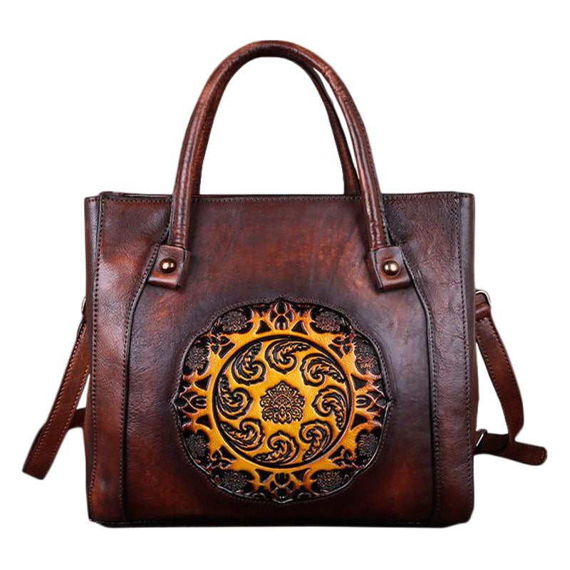 Top Layer Cowhide Women's Crossbody Bag, Vegetable Tanned Leather, Embossed & Hand-polished