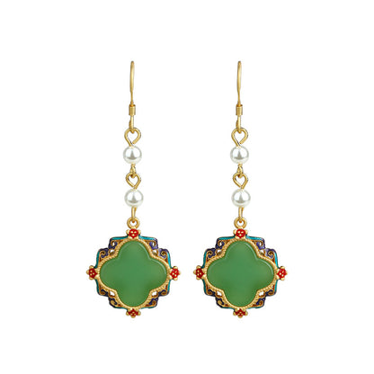Palace Style Ancient Gold Plated Cold Enamel Four-leaf Clover Earrings
