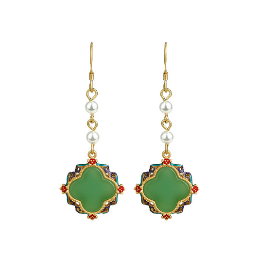 Palace Style Ancient Gold Plated Cold Enamel Four-leaf Clover Earrings