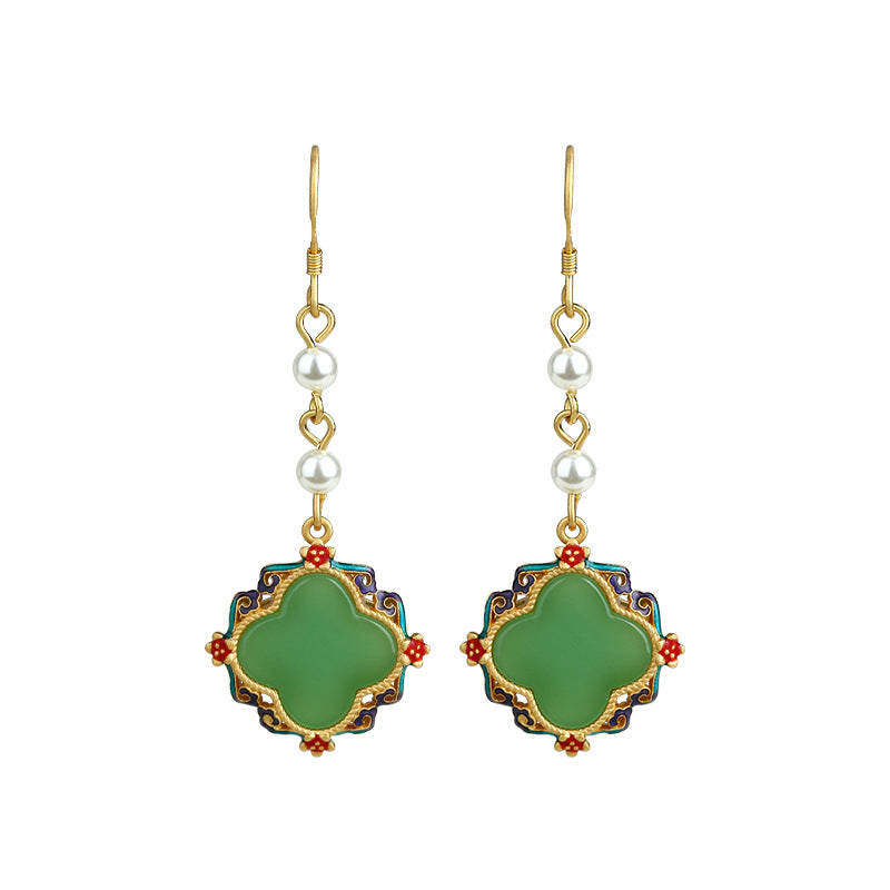 Palace Style Ancient Gold Plated Cold Enamel Four-leaf Clover Earrings