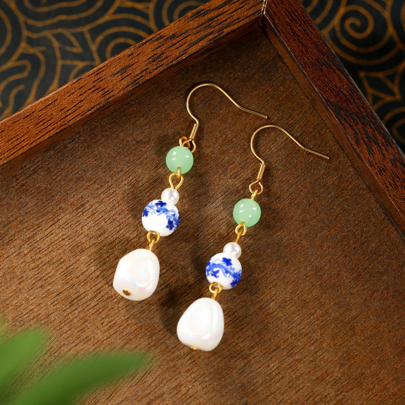 Baroque Alien Imitation Pearl Silver Enamel Gradient Earrings, Niche Design, High-grade Blue and White Porcelain for Women