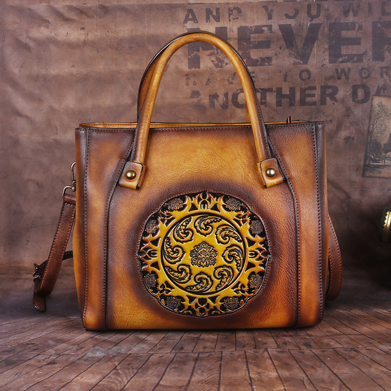 Top Layer Cowhide Women's Crossbody Bag, Vegetable Tanned Leather, Embossed & Hand-polished