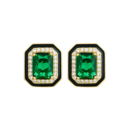 Paraiba Suit Simple Princess Square Green Diamond Light Luxury Black Enamel Earrings for Women