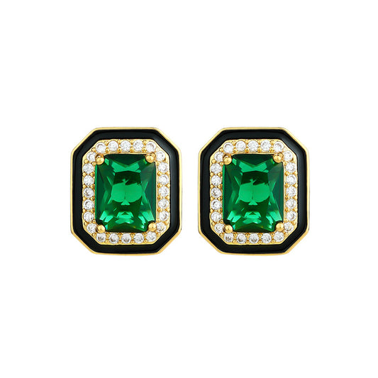 Paraiba Suit Simple Princess Square Green Diamond Light Luxury Black Enamel Earrings for Women