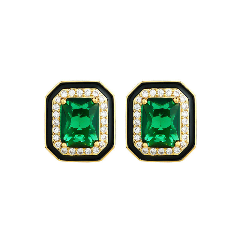Paraiba Suit Simple Princess Square Green Diamond Light Luxury Black Enamel Earrings for Women