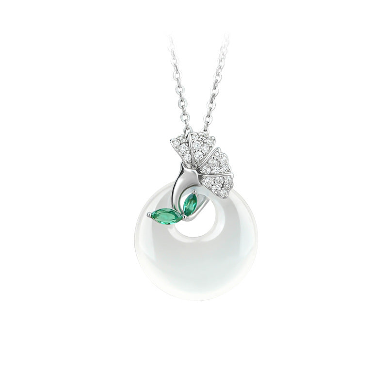 Ice White Chalcedony Sansheng Apricot Ping An Buckle Necklace for Women