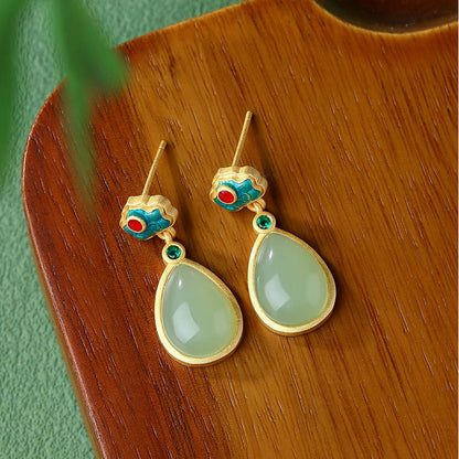 Gold-plated Imitation Hetian Jade Drop Earrings, Ethnic Retro Burned Blue Style