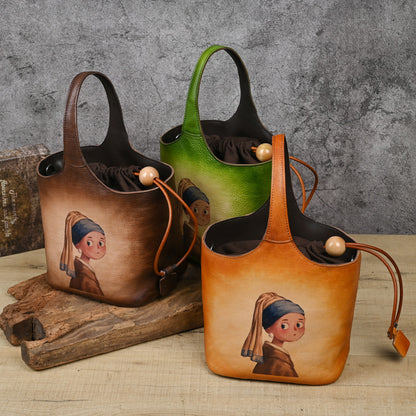 First layer cowhide lazy style printed blue bucket bag