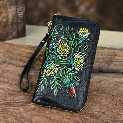 Retro Leather Wallet, Large Capacity, Multi-card, Embossed, Handmade, Colorable Zipper Bag